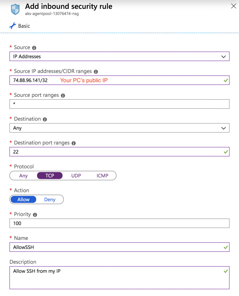 Allow SSH inbound rule